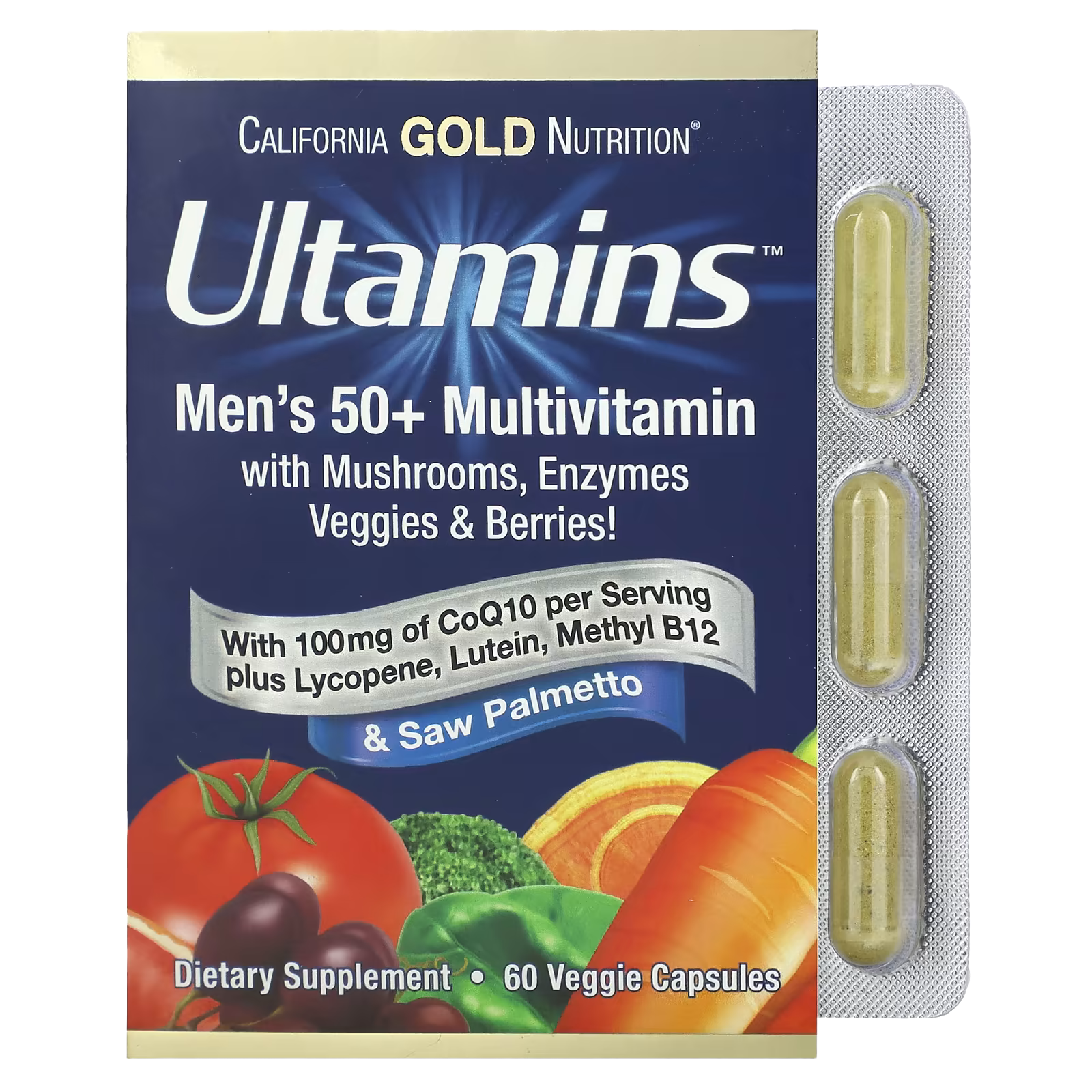 11_1775853960826 California Gold Nutrition, Ultamins Men's 50+ Multivitamin with CoQ10, Mushrooms, Enzymes, Veggies & Berries, 60 Veggie Capsules - Image 1