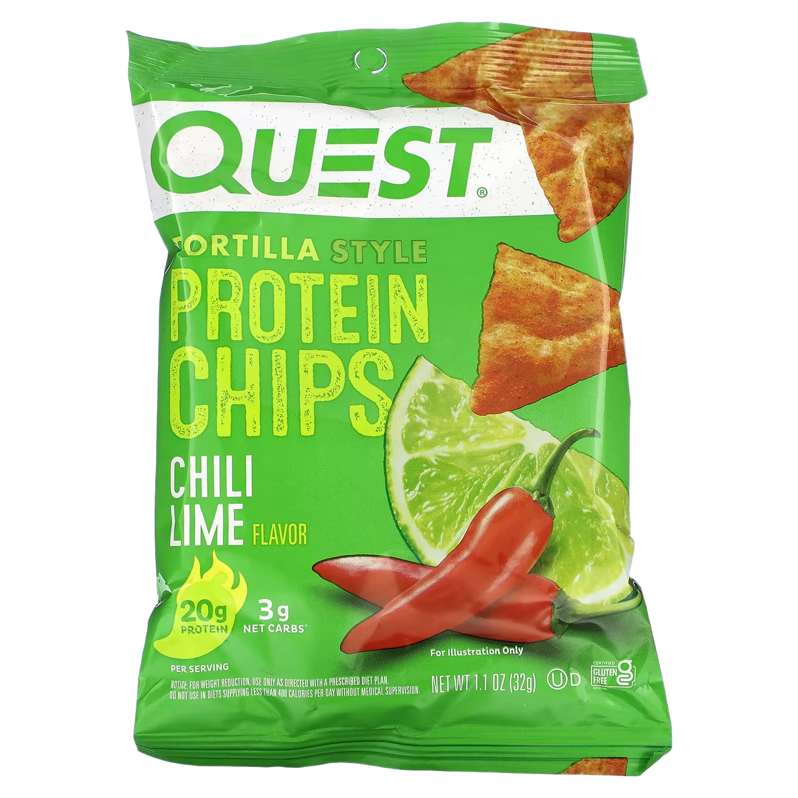 38_1775856276183 Quest Nutrition, Tortilla Style Protein Chips, Chili Lime, 8 Bags, 1.1 oz (32 g) Each - Image 1